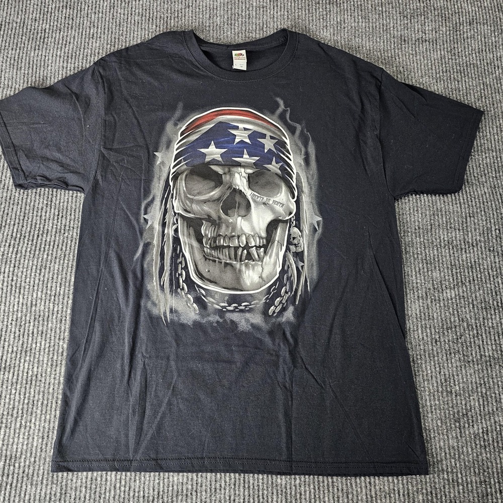 Liberty Or Death Skull Shirt Mens LARGE Black Patriotic Biker Fruit Of The‎ Loom